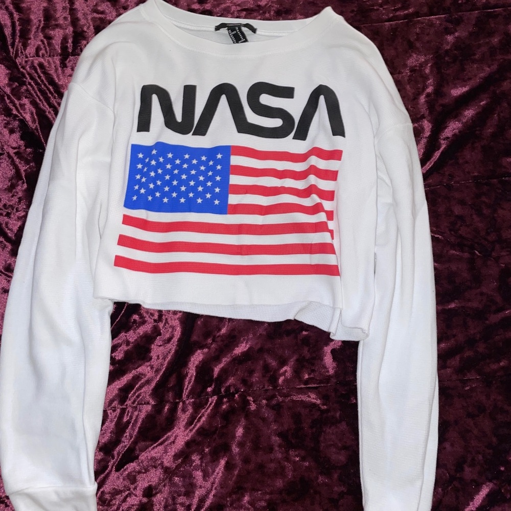 Juniors’ NASA Long sleeve White Crop Top